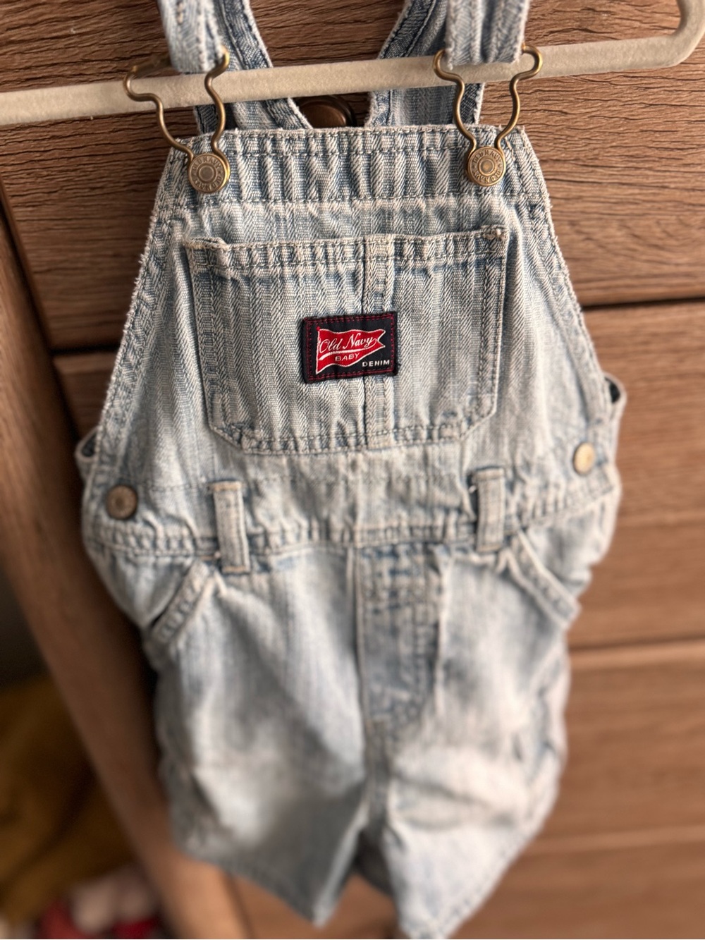 Old Navy Light Blue Denim Baby Short Overalls with Red Logo Patch